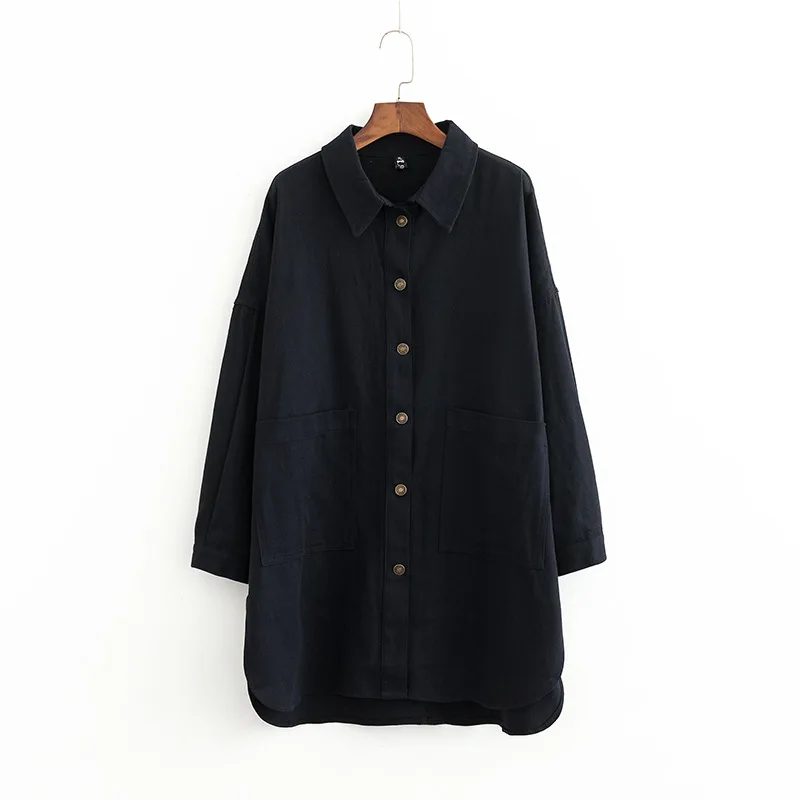 زائد حجم خمر البلوزات المرأة الربيع الخريف فضفاض قطرة الكتف طويلة الأكمام بلوزة قميص جيوب Blusa KKFY3127