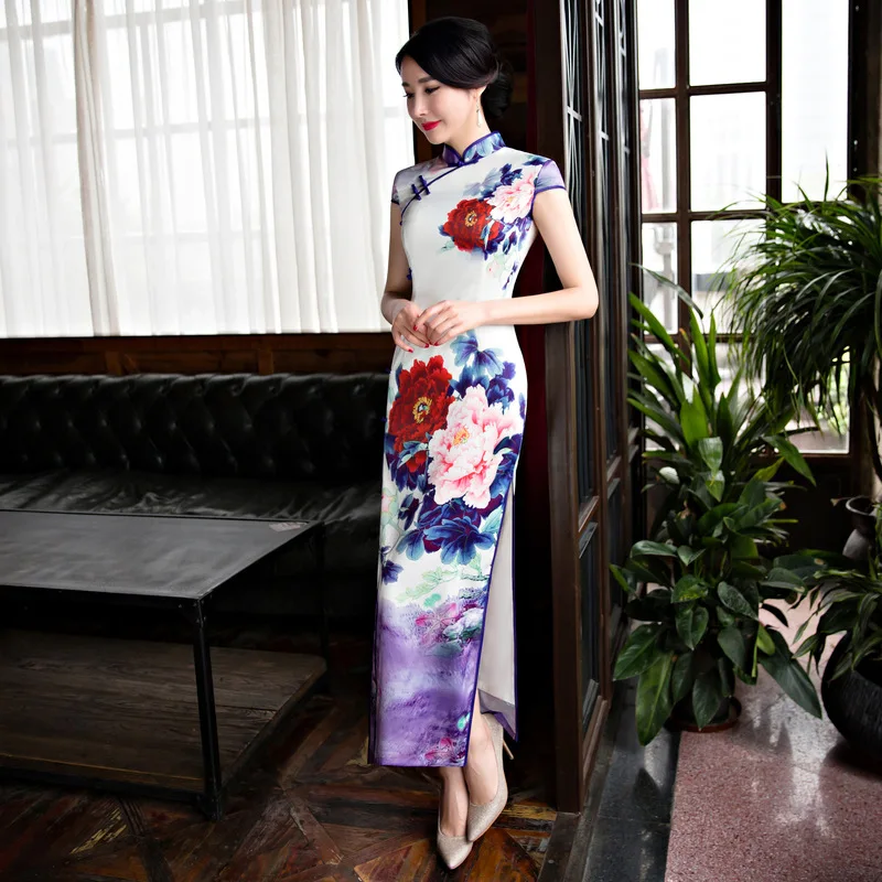 Винтаж ручной работы кнопку китайский женское платье элегантный Шелковый Чонсам; Летнее Длинное Ципао с цветами Большие размеры M L XL XXL XXXL