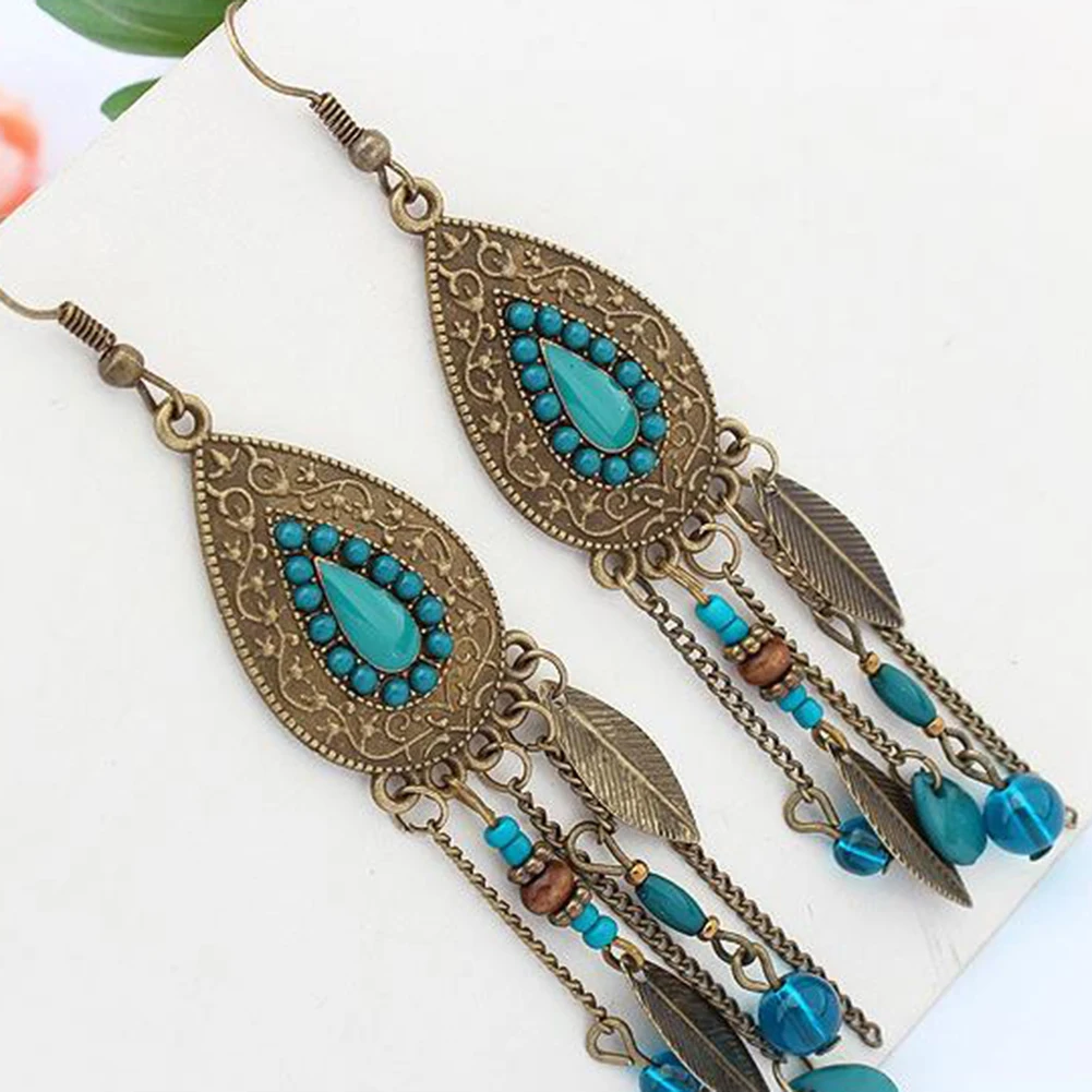 Indian Style Oval Tassel Leaf Beads Statement Earrings Women Ear