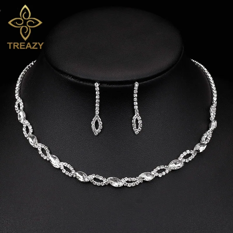 

TREAZY Simple Crystal Bridal Jewelry Sets Silver Color Rhinestone Leaves Design Necklace Earrings Femme Wedding Jewelry Sets