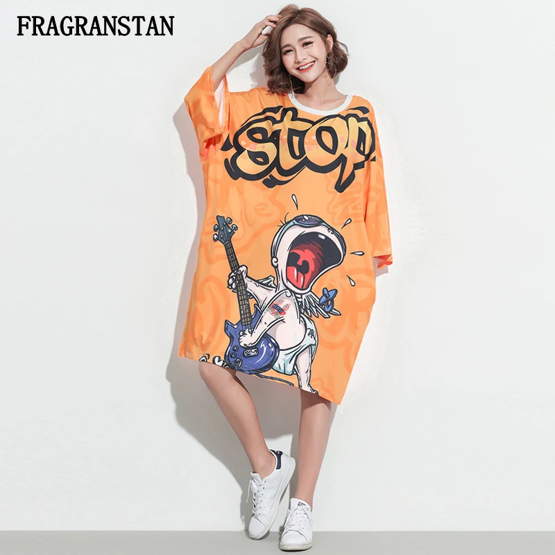 

Women 2018 Spring Summer New O-Neck Orange Dress Fmela Fashon Letter Cartoon Printed Dress Ladies Loose Plus Size Dress JQ16