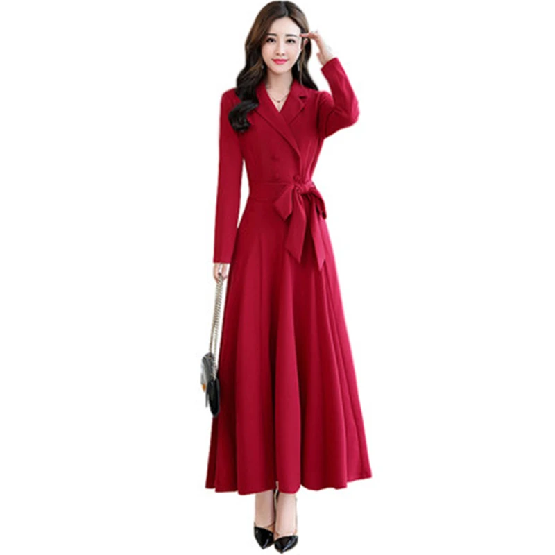 

Big Size Female Dress Vintage Belt long Dress New Spring Autumn women's Dress Long Sleeve suit collar Ladies Dress FC52