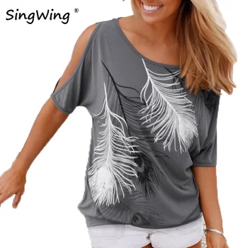 Summer Women Feather Printed T-shirts O- neck Strapless Shirts Off Shoulder Short-sleeved T-shirt Loose Type!
