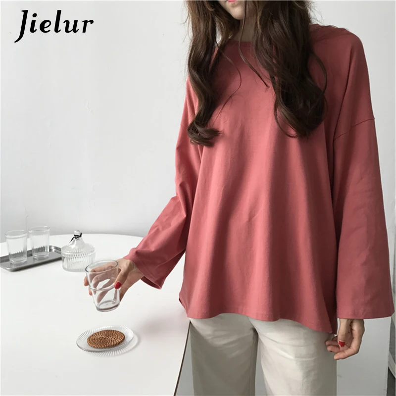 Jielur 7 Solid Color High Quality Harajuku T Shirt Women Flare Sleeve Basic Korean Top Femme Long Sleeve White Tshirt Feminina Tops
