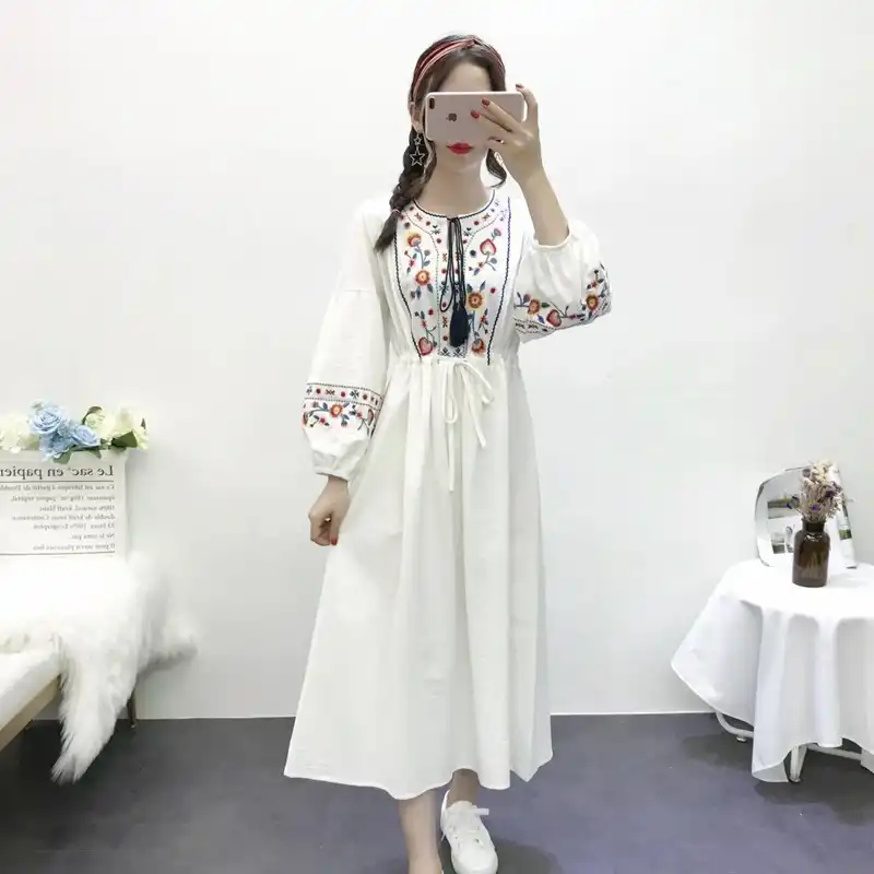 Robe Vintage Femme Mexican Embroidered Cotton Linen Puff Sleeve Red White Navy Blue Boho Chic Women Dress Autumn 2019 Aa4785 Dresses Aliexpress