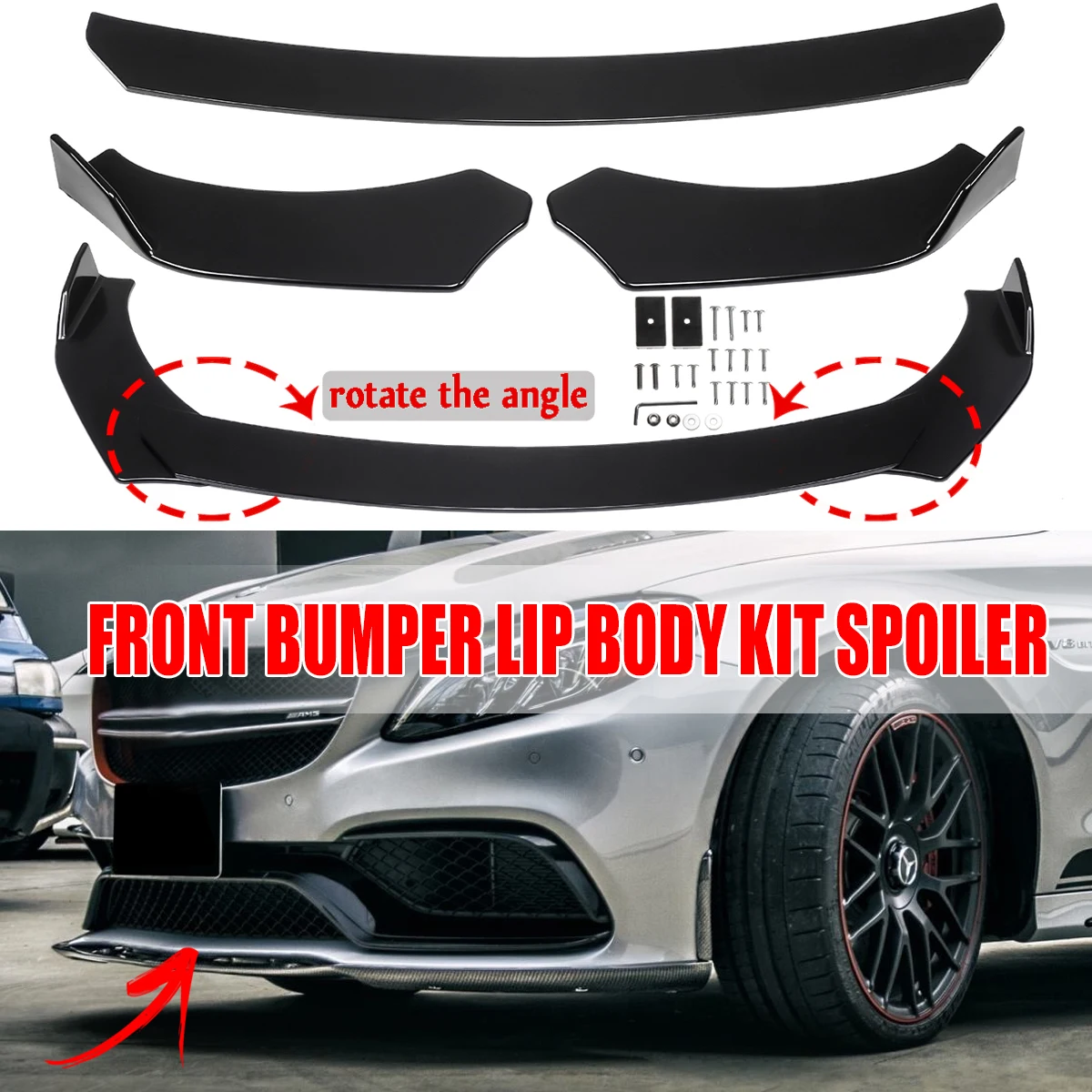 

Universal 3Pieces Car Front Lip Chin Bumper Body Kits Carbon Fiber Look/ Black Rotate The Angle For Honda For BMW For Benz