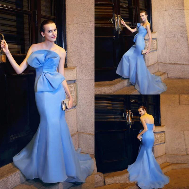Light Sky Blue Mermaid Evening Dresses Strapless Sweep Train Big Bow Prom Gowns Cheap Red Carpet Formal Dress139
