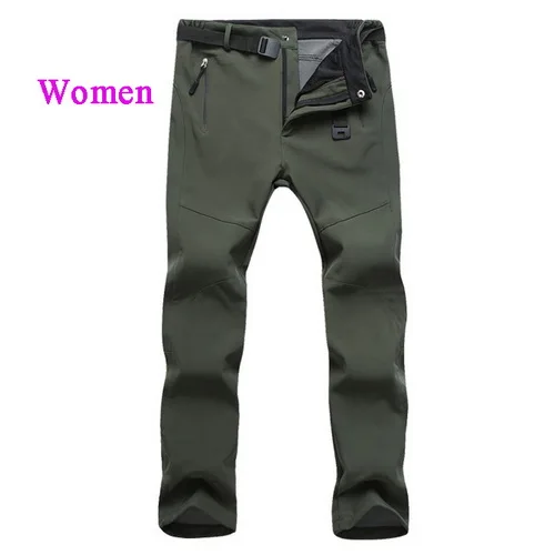 women dark green Для мужчин и женщин зимние теплые софтшелл термо вельветовые брюки ветрозащитный водонепроницаемый мужской толстый стрейч брюки подкладка флис молния Jogger - Цвет: women dark green