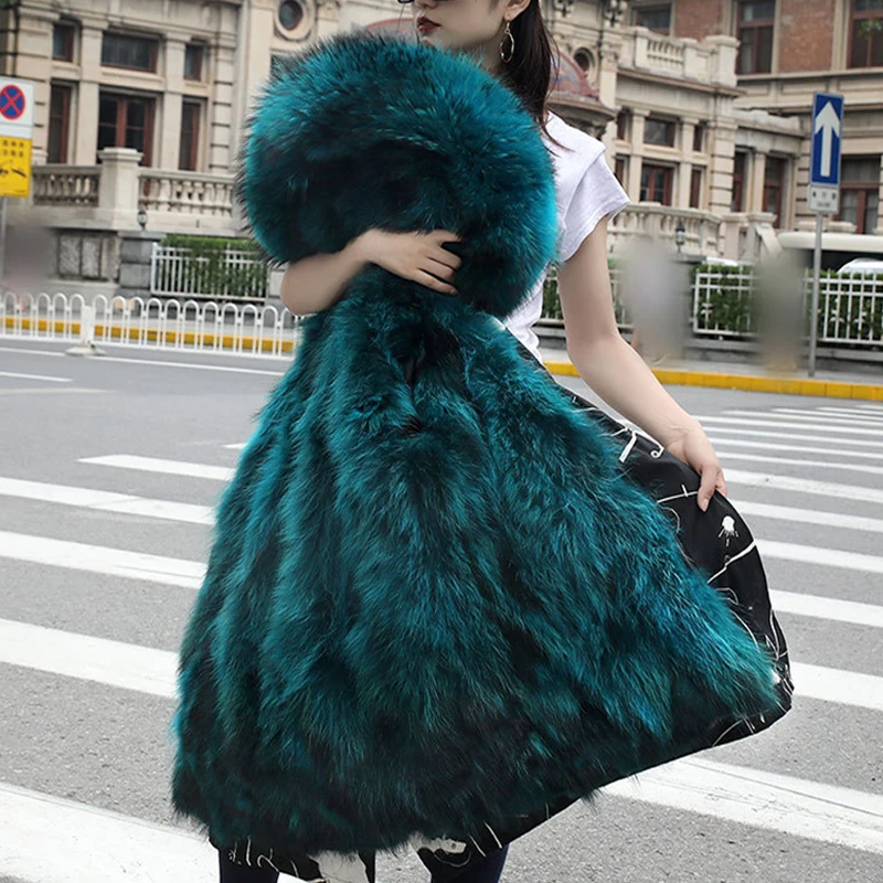 

Long Winter Jacket 2018 New Fashion Women Luxurious Large Raccoon Fur Collar Hooded Coat Warm Fox Fur Liner Coat Parkas