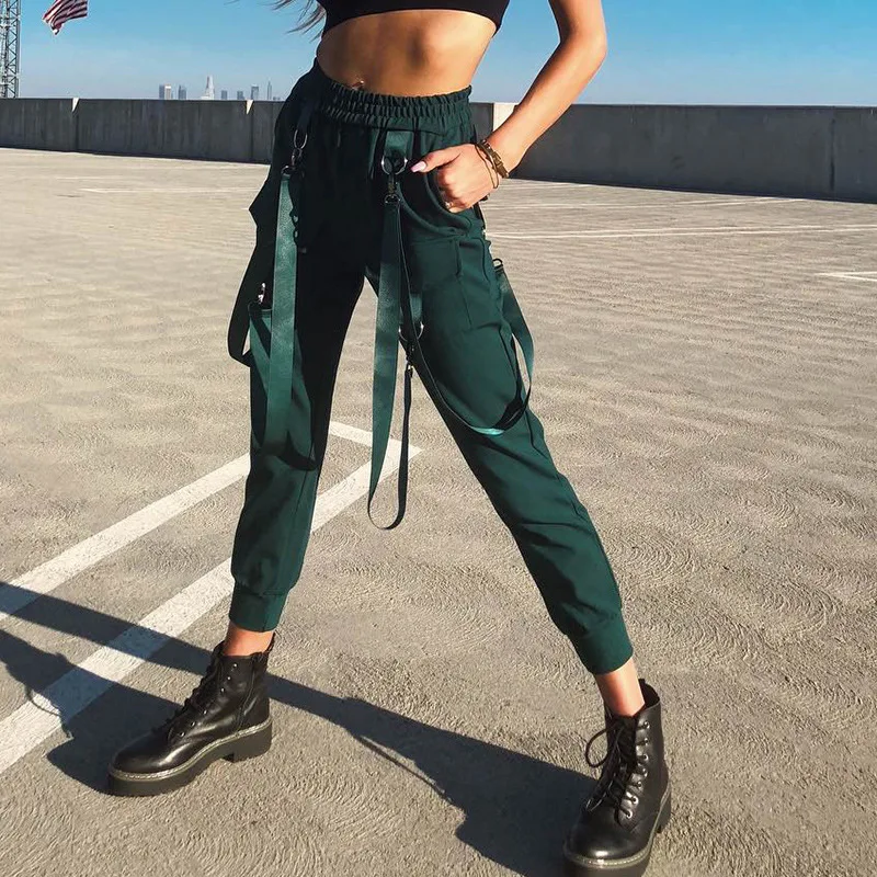 

JIEZuoFsng Women Casual Pants Black Gothic Cool Punk Style Lady Slim High Waist Plain Hip Hop Rock Sexy Female Harem Pants