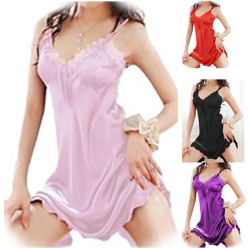 2018 Sexy Lingerie Women Lace Satin Dress Babydoll Nightdress Nightgown Sleepwear Red Purple Black Pink