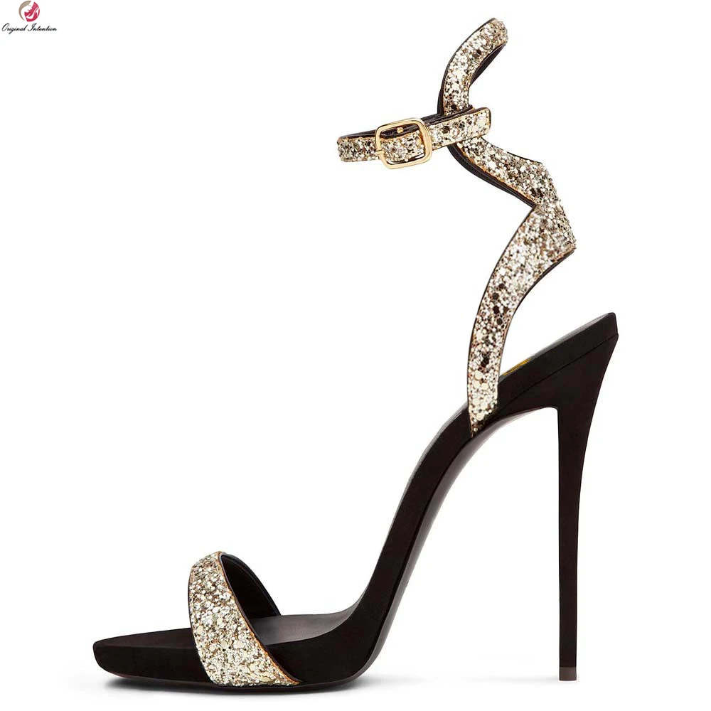 Original Intention Women Glitter Sandals Buckle Strap Open Toe Stylish Thin High Heels Sandals Gold Shoes 