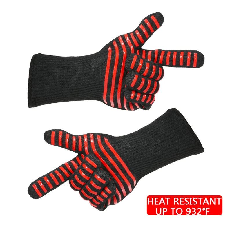 Extreme Heat Resistance BBQ Gloves for Cooking Baking Grilling Oven Mitts BBQ Gloves Pair Red/Black