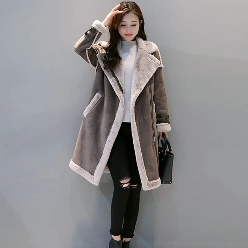 Зимняя женская модная замшевая кожаная куртка, Женская длинная мотоциклетная куртка из искусственной овечьей шерсти, плотное теплое пальто на молнии, верхняя одежда - Цвет: gray