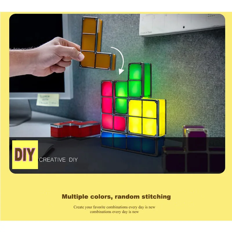Lâmpada de Mesa Torre do Bebê Luz da Noite Cores Faça Você Mesmo Tetris Quebra-cabeça Luz Empilhável Led Bloco Constructible Retro Jogo Colorido Tijolo Brinquedo 7 19 Luzes noturnas