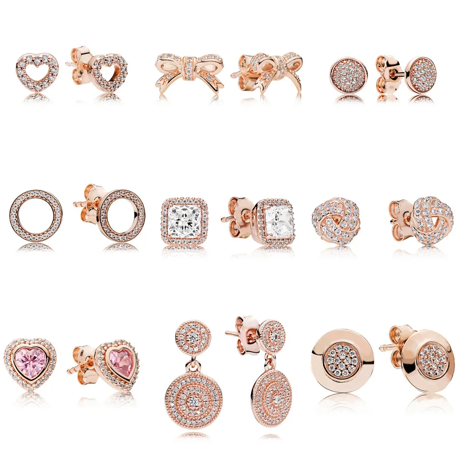 

9 Style Rosegold Color 925 Sterling Silver Earrings Heart Bowknot Studs Earring for Women Jewelry