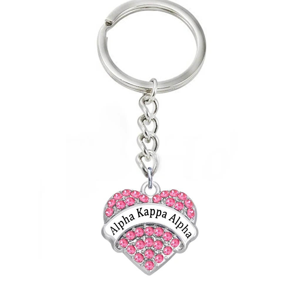 

Greece Society AKA Sorority Metal Pendant Keychain Alpha Kap Alpha Label Heart-Shaped Rhinestone Crystal Charm customizable