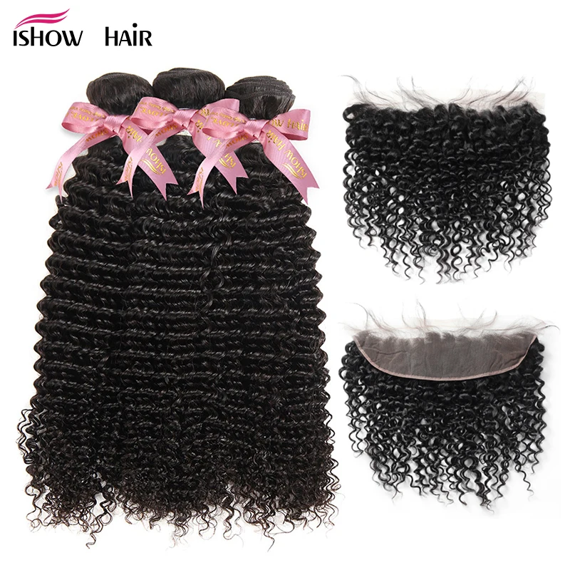

Ishow Kinky Curly Hair Bundles With Closure Remy Human Hair Bundles With Closure 13X4 Lace Frontal Brazilian Hair Weave Bundles