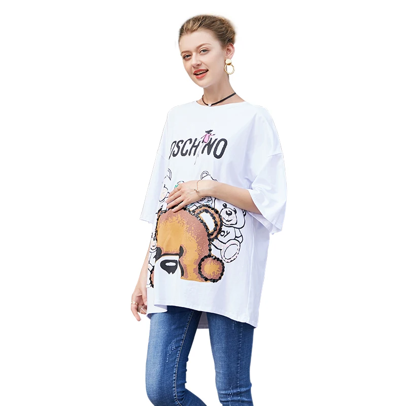 

Europe New 2018 Summer Pregnant Women Fashion Casual Loose Middle Long Sequins Letter Animal Printing T Shirt Maternity Shirts