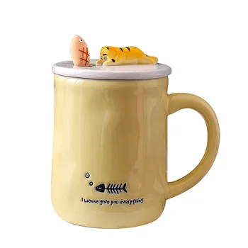 

Creative curious cat ceramic mug with lid spoon, 400ml glazed cat and fish mug, cup student coffee milk cup Drinkware gift
