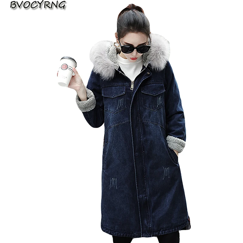 Manteau 2018 À Laine Jeans Nouvelle En Denim Plus Hiver Outwea Épais D'agneau Vestes Femmes Manteaux La Femme Dame Capuche Blue Grande Taille Long n0wX8OPk