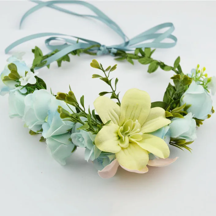 CC Wreath Flower Crown Hairband Wedding Jewelry Hair Accessories For Bridal Girls Seaside Party Cheap Handmade Yarn at02 - Metal color: Blue