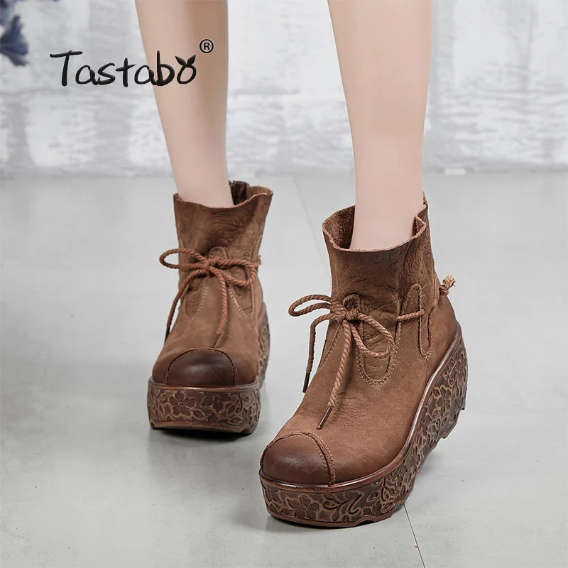 Vente Tastabo 2018 Mode Plate Forme Bottes Femmes Rétro Automne En Cuir Véritable Cheville Bottes pour Femmes Doux Martin Chaussures Dames Coins