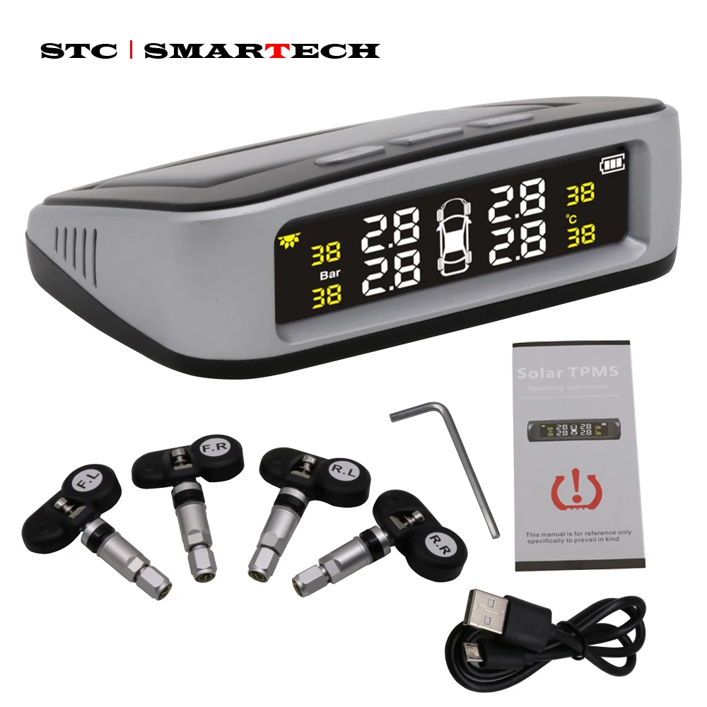 SMARTECH TPMS Солнечный автомобильный датчик давления в шинах с ЖК-дисплеем, система контроля давления в шинах, Предупреждение, предупреждение о температуре TPMS