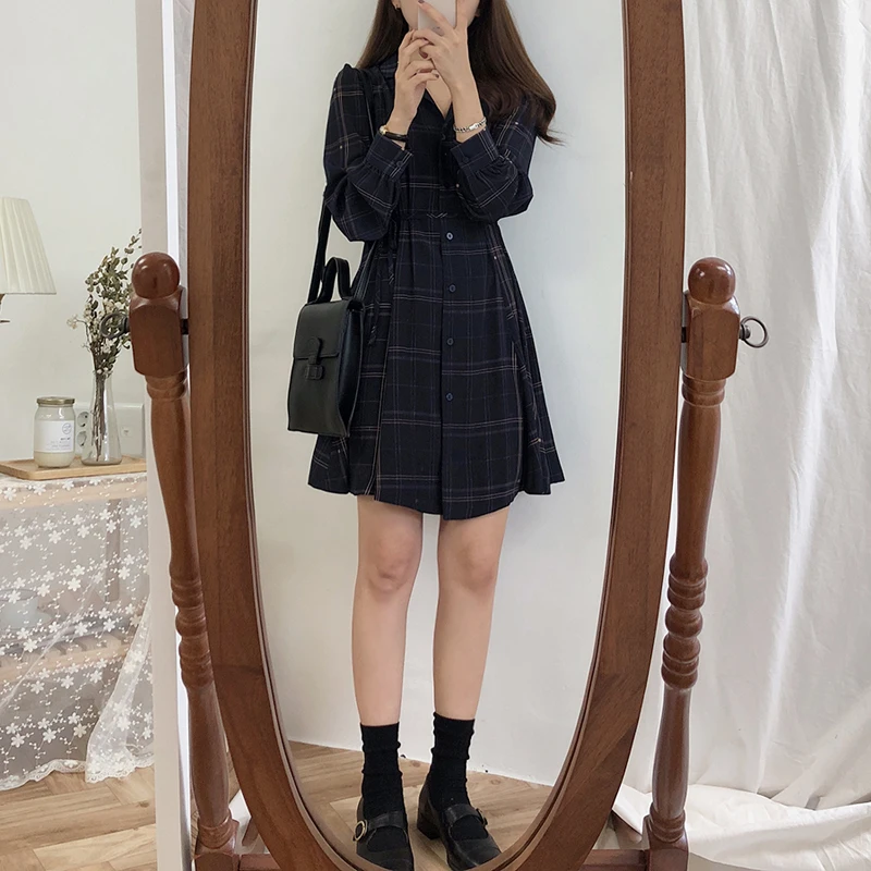 

Korean Version Women's Clothing Temperament Plaid Waist Long Sleeve Retro Slim High Waist Fashion Women Dresses