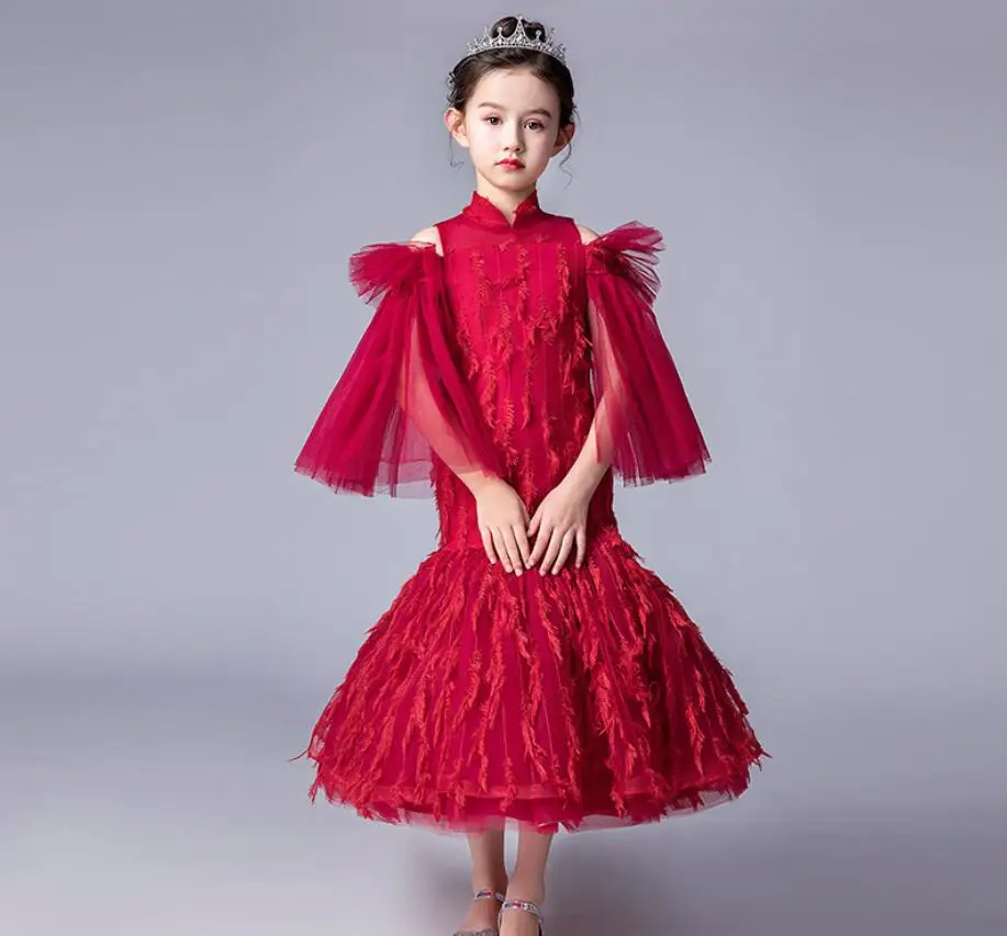 

red Luxury Kids Pageant Dress Small Trailing High Collar Flower Girl Dresses Trumpet Princess Birthday Evening Gowns