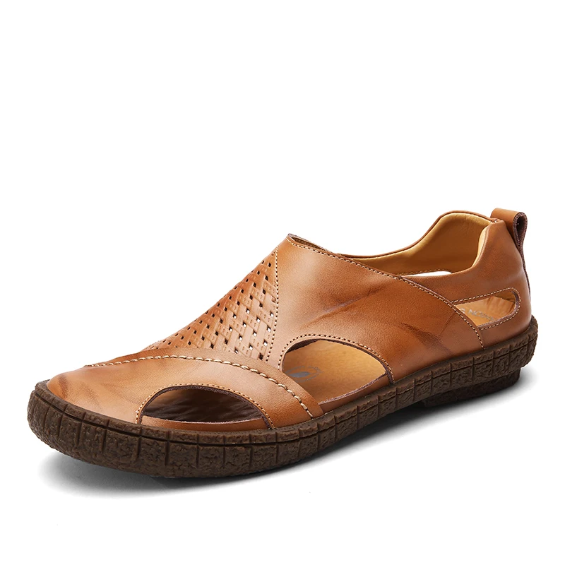 

GNORNIL Brand Men Sandals Beach Shoes 2018 Summer Genuine Leather Men Shoes Soft Sole Slip On Loafer Casual Rubber Sandals 38-44
