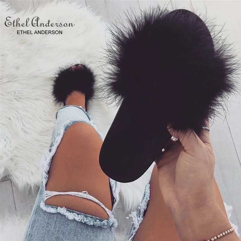 

ETHEL ANERSON Women Ostrich Feather Slippers Fluffy Summer Slides Flat Home Flip Flops Fuzzy Casual Party