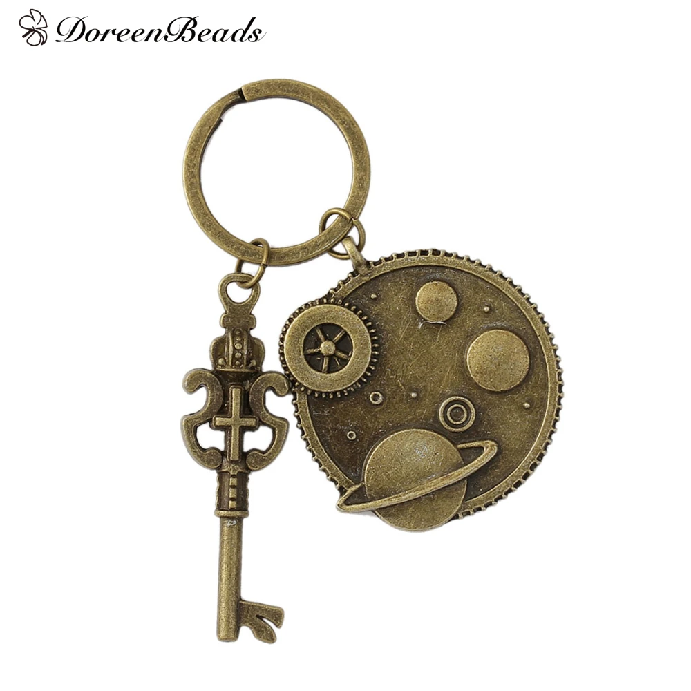 DoreenBeads Steampunk Keychain & Keyring Key Chains Gear Antique Bronze Color Crown Key Carved 7