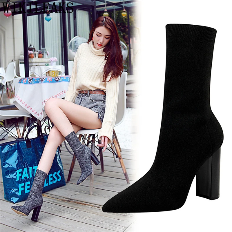 

knitting shoes woman bigtree shoes socks boots shoes glitter boots high heels boots women Thick heel chaussures femme ayakkabi