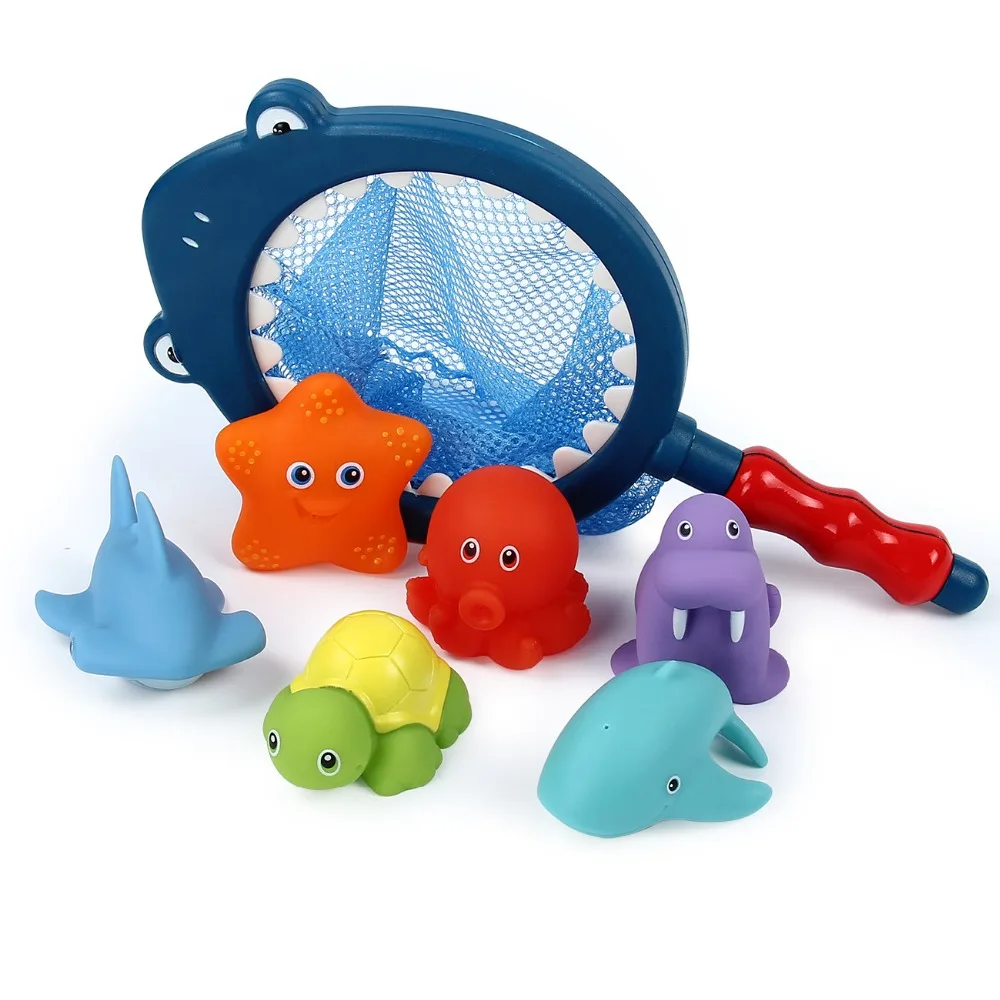 Bath Toy With Fishing Net Floating Animals Water Toy Soft Rubber Float Squeeze Sound Squeaky