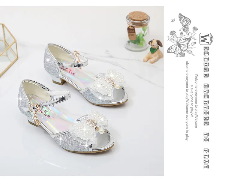 Princess Style Party Shoes Children Sandals Girls Glitter Wedding Crystal High Heel Shoes Open Toe Kids Sandals for Girl CSH819