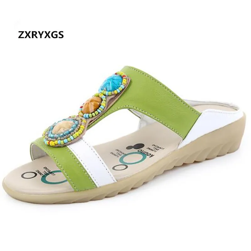 

Soft Comfort Large Size Spell Color Cowhide Pearl Summer Sandals Women Slippers 2019 Summer Shoes Fashion Sandals Casual Shoes