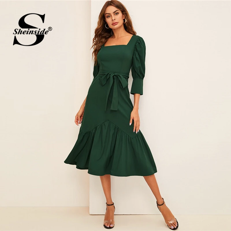 

Sheinside Elegant Square Neck Trim Dress Women 2019 Spring Puff Sleeve A Line Dresses Ladies Solid Pleated Ruffle Hem Dress
