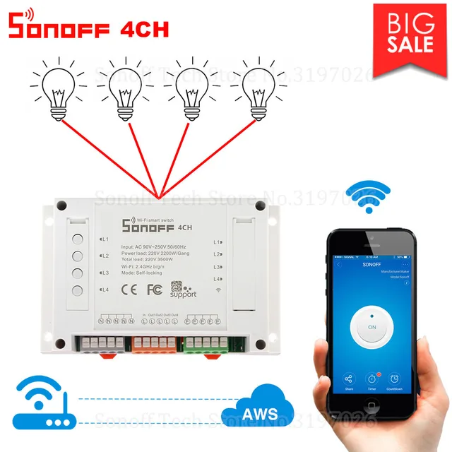 Itead Sonoff 4CH Wifi Smart Switch 4 Gang Wifi Light Switch Smart Home App Remote Interrupter Relay Works with Alexa Google Home