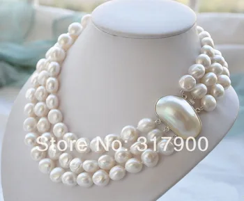 

3ROW 12mm BAROQUE WHITE FRESHWATER PEARL NECKLACE MABE