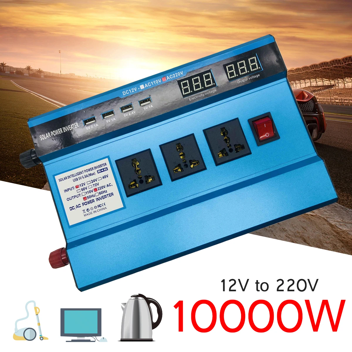 

Voltage Transformer DC12/ 24V to AC220V PEAK 10000W Car Solar Power Inverter Sine Wave USB Converter Efficiency Protect