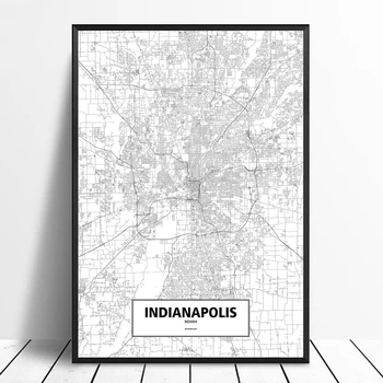 

INDIANAPOLIS, INDIANA, UNITED STATES Black White Custom World City Map Poster Canvas Print Nordic Style Wall Art Home Decor