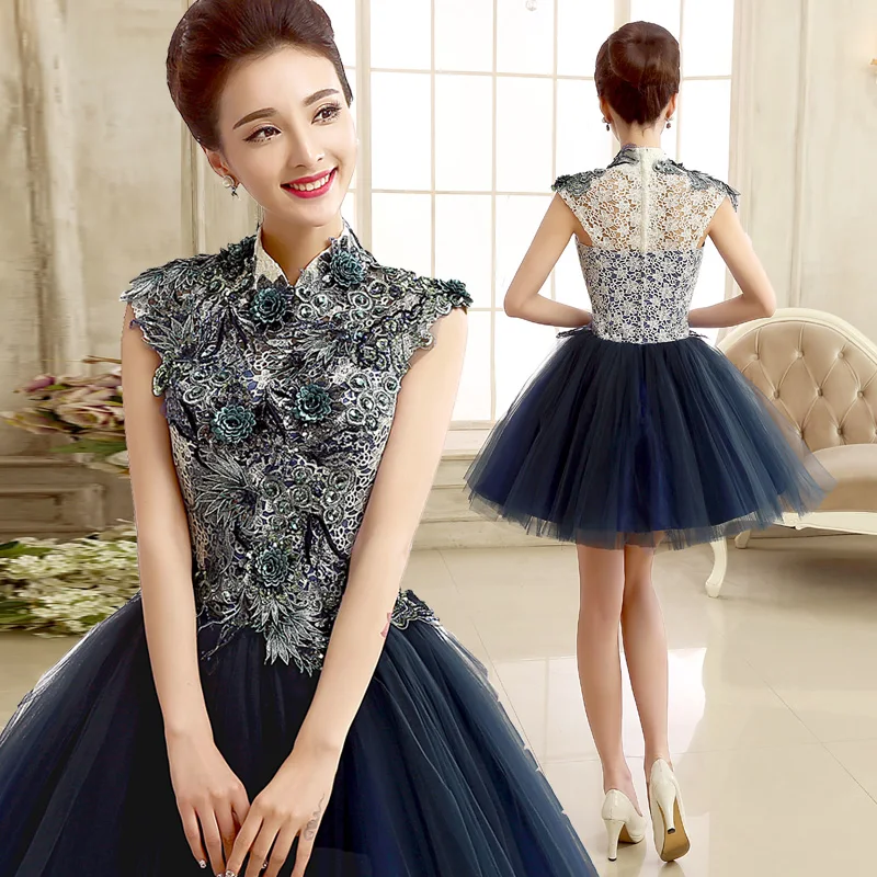 

New navy blue short high collar knee length sweat lady girl women princess bridesmaid banquet performance party dress gown