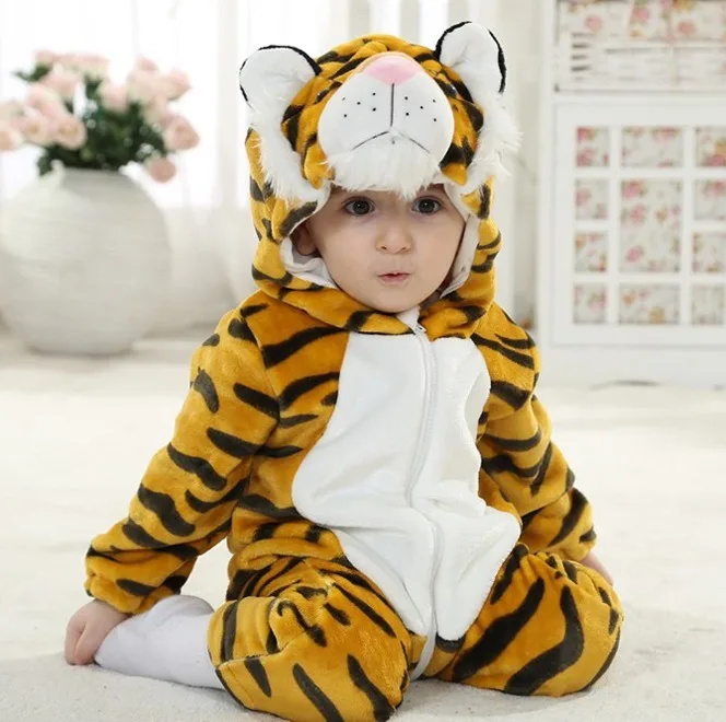 Cartoon Animals Tiger Soft Warm Jumpsuit Pajamas Baby Girls Kids Boys