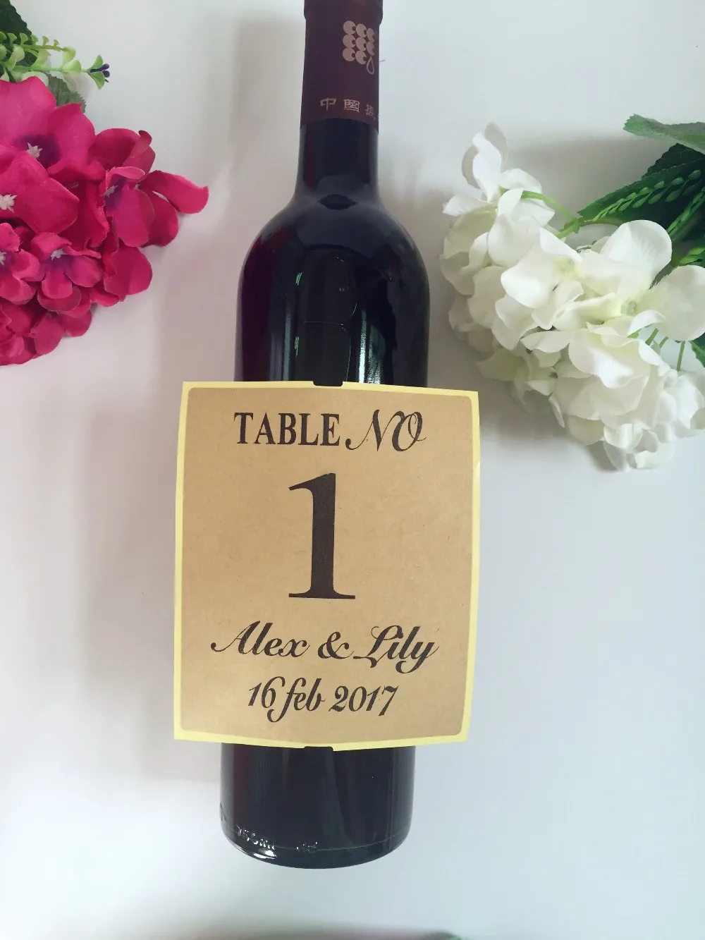 personalized wedding table numbers wine bottle label champagne