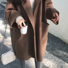 С шерстяной подкладкой женские карманы повседневная обувь, обувь для отдыха, однотонные, с обычным, подходит ко всему, в Корейском стиле; элегантные женские смеси женские большой размер Kawaii мягкое пальто для девочки