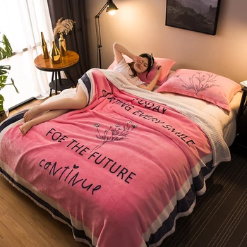 

Sweet Pink Letter Blanket Manta/Plaid Striped Fleece Warm Bed Sheet Throw on Bed/Comfortable Double Layer Thickening Solid Rug