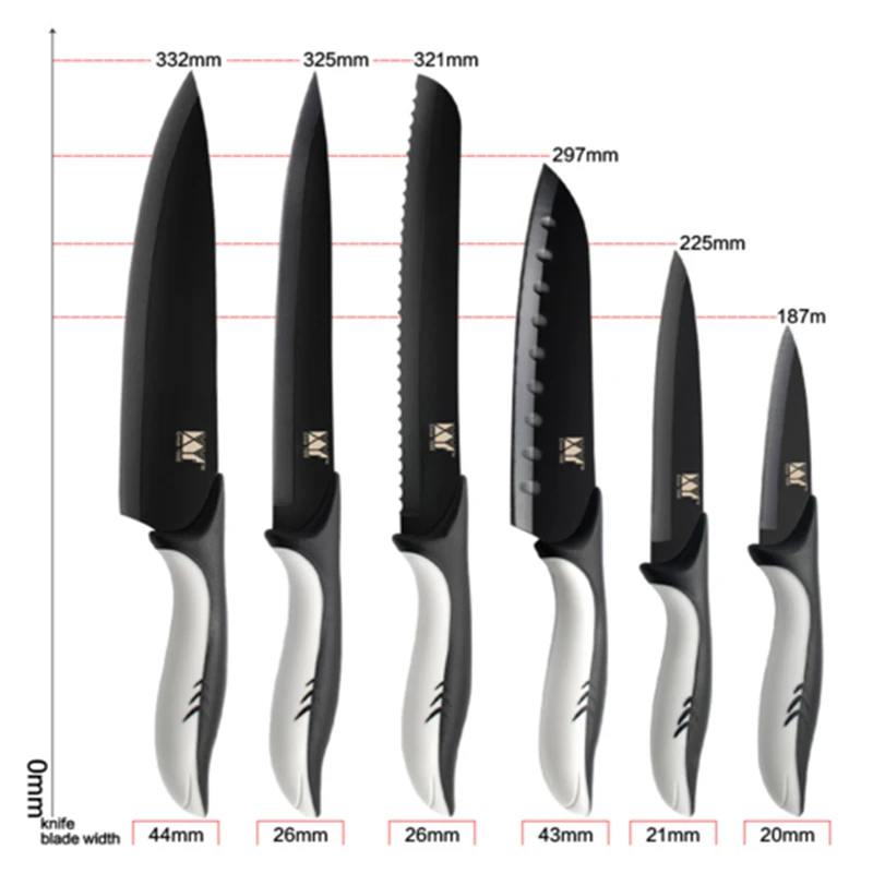 XYj 6 шт. наборы кухонных ножей шеф повара ножей с антипригарным покрытием Сталь лезвием нож резак овощей хлеб нож, ножевые изделия инструмент
