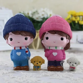 

resin doll couples dolls 13x7cm model scarf boy&girl taking puppy dog handicraft ornament home decoration Christmas gift a2049