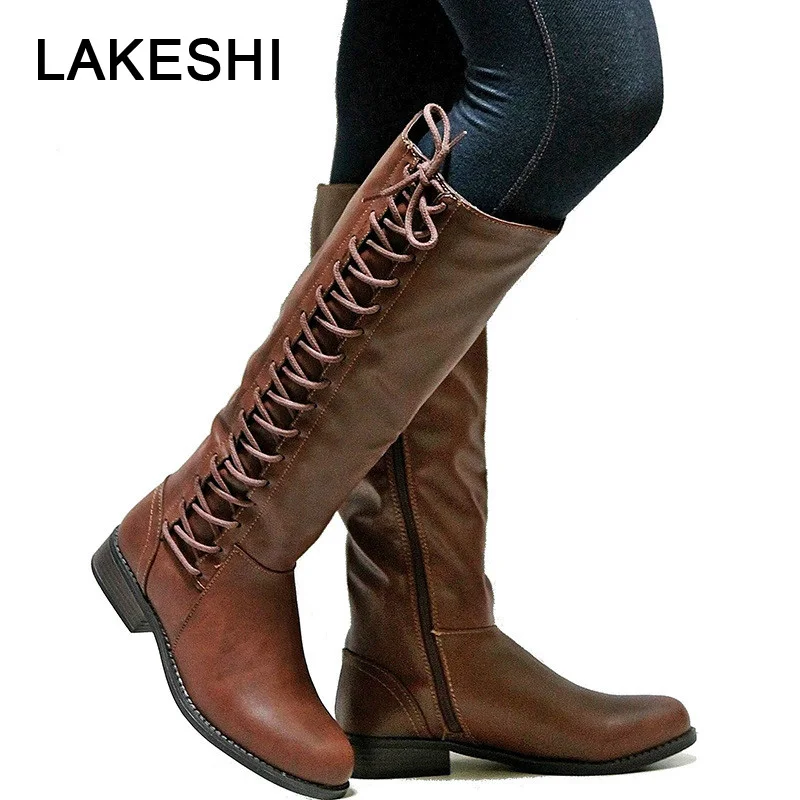 

LAKESHI Women Boots 2018 Ladies Long Autumn Winter Riding Boots Lace Up Flat Square Heels Motorcycle Boots Female Booties